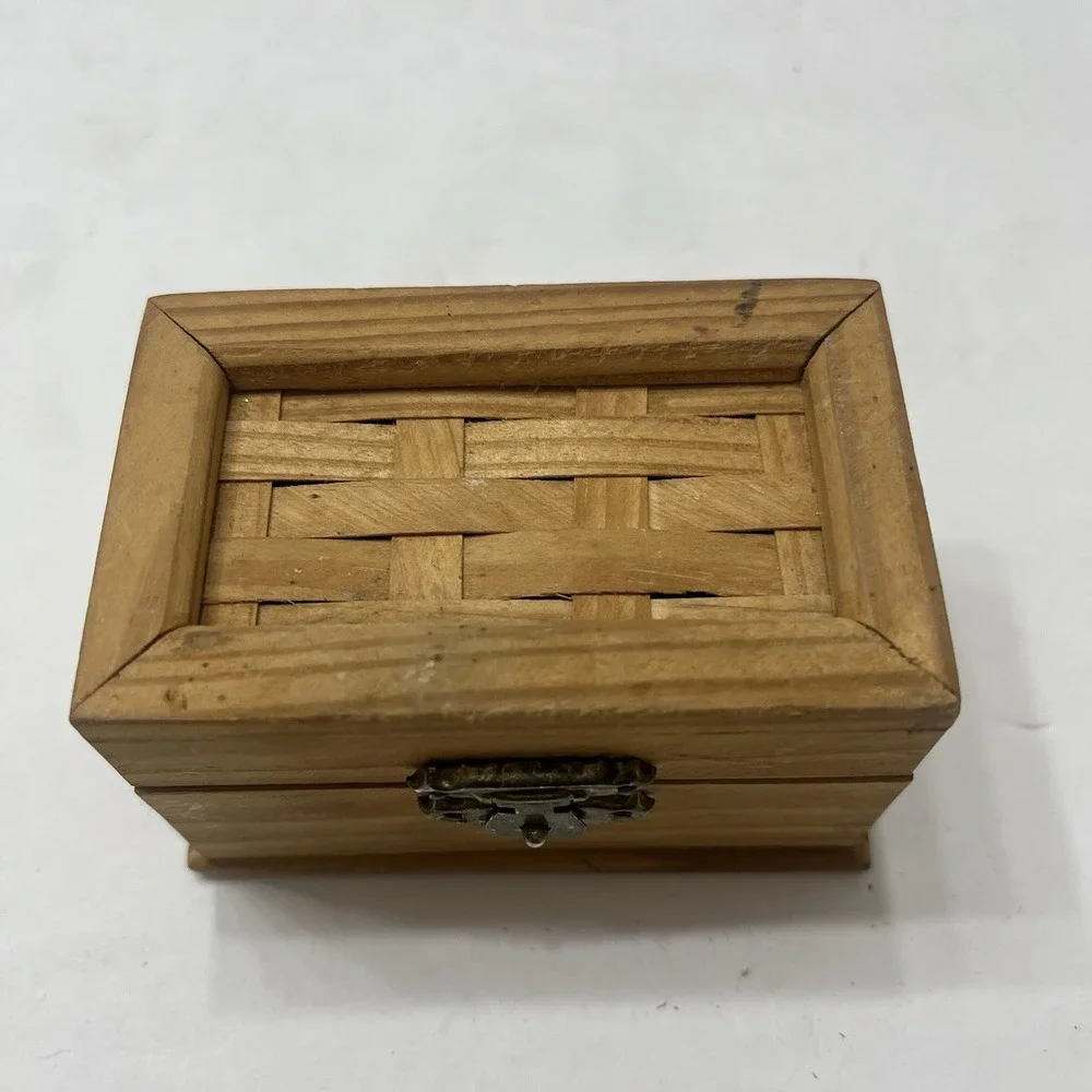 Wooden Handmade Mini Trinket Box Woven Hinged Lid Metal Latch 3.5x2.25x2